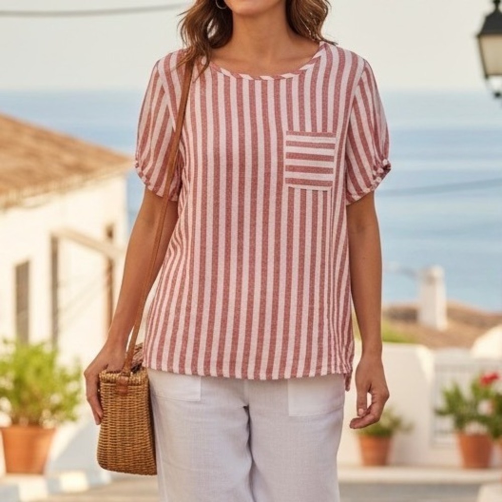 100% Linen Striped Top Womens M European Summer Coastal Quiet Luxury Sustainable